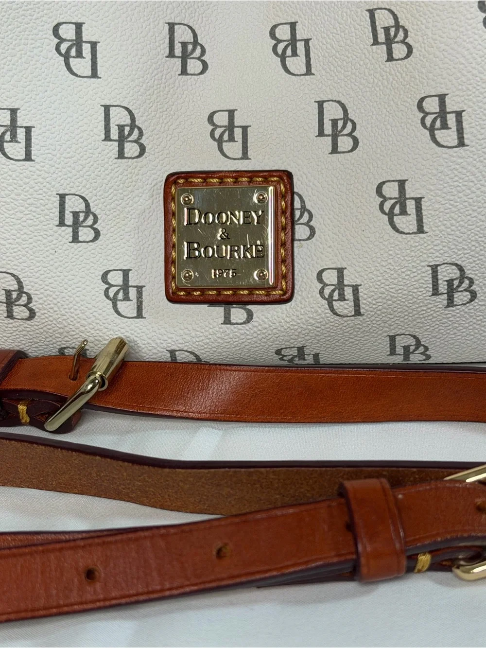 Dooney & Bourke Cream Satchel with Brown Trim and Logo Print